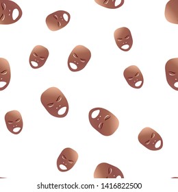 Seamless pattern of theatrical mask with angry emotion. Vector illustration. Bronze mask with gradient isolated on white background.