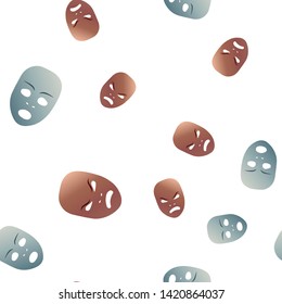 Seamless pattern theatrical mask with angry and fearful emotion. Vector illustration. Bronze and silver masks with gradient isolated on white background.