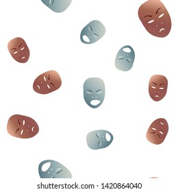 Seamless pattern theatrical mask with angry emotion. Vector illustration. Bronze and silver masks with gradient isolated on white background.
