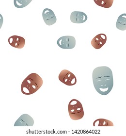 Seamless pattern theatrical mask with joy and fearful emotion. Vector illustration. Bronze and silver masks with gradient isolated on white background.