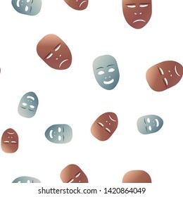 Seamless pattern theatrical mask with sad and happy emotion. Vector illustration. Bronze and silver masks with gradient isolated on white background.