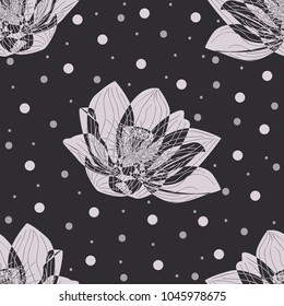 Seamless pattern of their black and white lotus flower