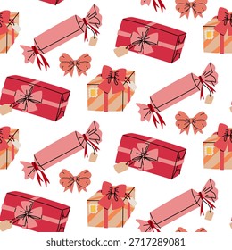 Patrón sin fisuras de su variedad colorida plana de cajas de regalo en forma de rectángulo, caramelo con arcos. Diseño de Festiva para papel de regalo, estampados de temporada en textiles o fondos para las vacaciones de invierno