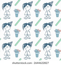 Seamless pattern with the theme Back to school. Girl, glass with school supplies, ruler