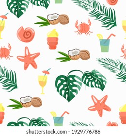 Seamless pattern with theme of beach and cocktails and ice cream and palm trees