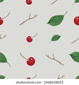 Seamless pattern with the theme of cherries, leaves and stems. Vector repeating texture. Perfect for printing on fabric or paper.