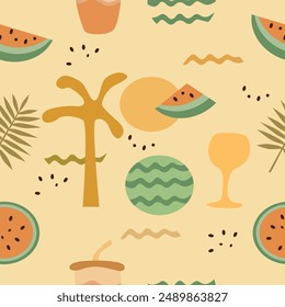 seamless pattern with the theme of enjoying watermelon while on holiday at the beach. good for kids fashion and tote bag