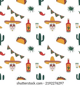 Seamless pattern with the theme of Mexico. Skulls, hot pepper, tequila, cactus. Flat vector illustration for printing on clothes, covers, notebooks and wrapping paper.
