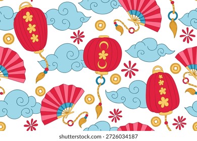 Ein nahtloses Muster rund um das chinesische Neujahr. Vektordruck mit roten Laternen und Lüftern