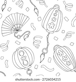 Un patrón sin fisuras temático en torno al Año Nuevo chino. Vector impreso con linternas y fuegos artificiales. Libro para colorear