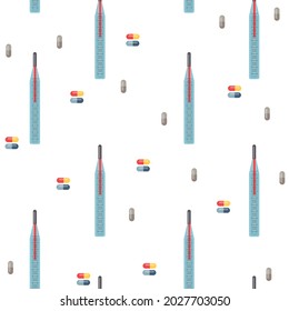 Patrón sin inconvenientes con termómetros y pastillas sobre un fondo blanco. Ilustración vectorial en estilo plano minimalista, dibujo a mano. Impresión médica para textiles, diseño de impresión, postales, banner.