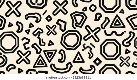 Seamless pattern with thick black geometric line shapes including crosses, octagons, and triangles on cream background. Bold minimalist vector illustration for fabric and wallpaper.