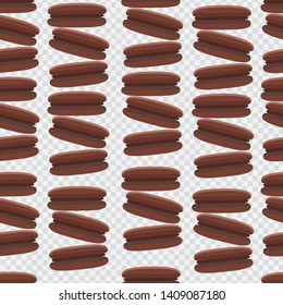 Seamless pattern with thick brown cookies with dark cream on a transparent background. Cartoons drawn in the style of the sketch. For creating prints on clothes, testi, fabrics, interior, backdrop
