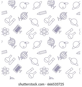 Seamless pattern of thin black line,  globe, test tube, monitor, pencil, molecule, apple on white stock vector illustration