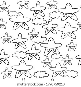 seamless pattern with thin black outline cloud and stars isolated on white background. hand drawn vector. doodle fun for kids, coloring, wallpaper, cover, backdrop, poster, wrapping paper and gift. 