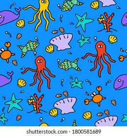 Seamless pattern with thin black outline marine life isolated on blue background. hand drawn vector. doodle sea animal for kids, fabric, wallpaper, backdrop, baby clothes, wrapping paper and gift. 