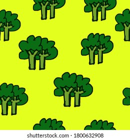Seamless pattern with thin black outline broccoli isolated on yellow background. hand drawn vector. doodle fruit and vegetable for kids, wallpaper, cover, backdrop, fabric, wrapping paper and gift. 