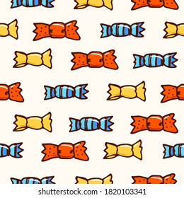 seamless pattern with thin black outline colorful glossy wrapped candies isolated on white background. hand drawn vector. doodle dessert for kids, wallpaper, fabric, cover, wrapping paper and gift. 