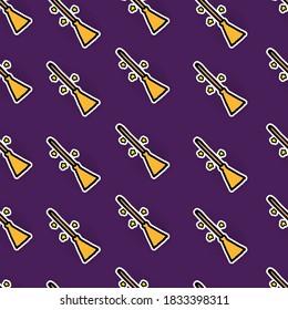 seamless pattern with thin black outline witcher broom isolated on violet background. hand drawn vector. modern scribble for wallpaper, cover, backdrop, fabric, poster, banner, wrapping paper and gift
