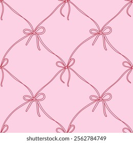 Seamless pattern with thin bow knots, gift ribbons in checkered composition. Trendy hair braiding accessory. Hand drawn vector illustration. Valentine s day coquette background.