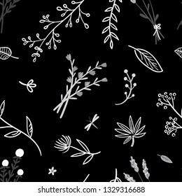 Seamless pattern. Thin branches and flowers on a black background. Delicate pattern. Hand drawn illustration.