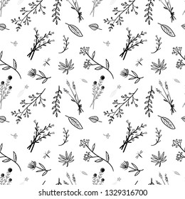 Seamless pattern. Thin branches and flowers on a white background. Summer meadow. Delicate pattern. Beautiful floral ornament. Hand drawn illustration.