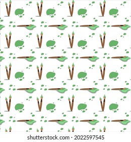 seamless pattern of a thin brush for drawing in the classroom in green paint on a white background
