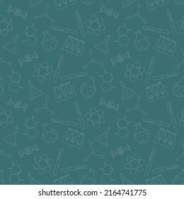 seamless pattern with thin contour  elements of science, imitation chalk notes on class board