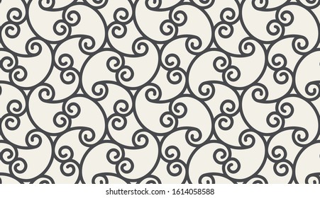 Seamless pattern with thin curl lines, branches and scrolls. Monochrome abstract floral pattern. Decorative lattice with stylized leaves. Modern swatch for vector design.