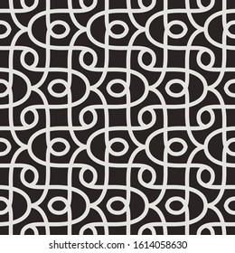 Seamless pattern with thin curl lines, branches and scrolls. Monochrome abstract floral pattern. Decorative lattice with stylized leaves. Modern swatch for vector design.