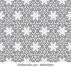 Seamless pattern with thin curl lines, branches and scrolls. Monochrome abstract floral pattern. Decorative lattice with stylized flowers and leaves. Modern swatch for vector design.