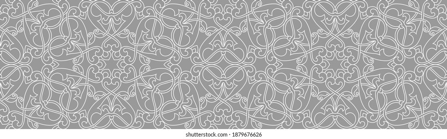 Seamless pattern with thin curl lines and stylized flowers in Arabic style. Monochrome abstract line texture. Decorative vintage lattice on white background. Abstract ornament for fabric, wrapping.