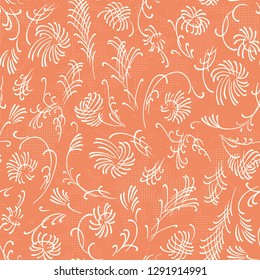 Seamless pattern with thin curls on a copper color background. Graceful fine lines in bundles in the form of flowers and tufts of grass. Drawing for wallpaper or wrapping paper.