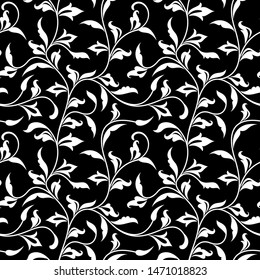 Seamless pattern. Thin delicate twigs with decorative leaves on black  background. Luxurious texture for print, wallpaper, home decor, textile, package design