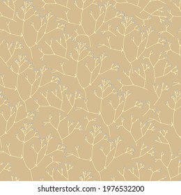 Seamless pattern with thin flowering twigs with on beige background. Summer floral print. Great textile for throw pillow,  blanket, covers, wallpaper.