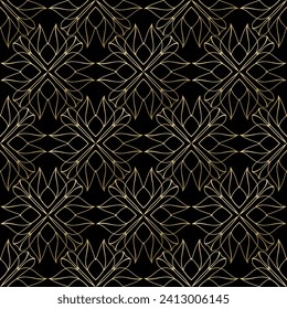 Seamless pattern with thin golden ornament on black background. Template for design in fashionable style.