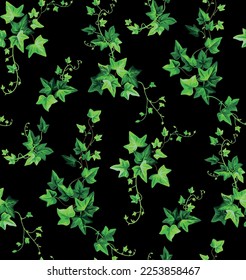 Seamless pattern with thin green branches in realistic style. Vector botanical illustration. Foliage design on a black background.
