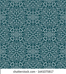 Seamless pattern.  Thin lace white ornament 
on a dark green background