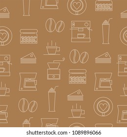 seamless pattern of thin line icons coffee on brown background