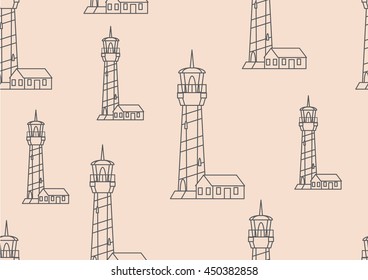 Seamless pattern with thin line lighthouse