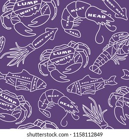 Seamless pattern in thin line style for seafood shop and restaurant. Crab, lobster, shrimp, fish and squid image. White print on violet background