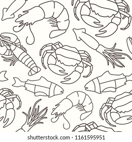 Seamless pattern in thin line style for seafood shop and restaurant. Crab, lobster, shrimp, fish and squid image. Black print on white background