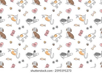 Seamless pattern in thin line style with cats, dogs, fish, bones, paw prints and the inscription Pet