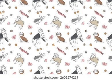 Seamless pattern in thin line style with dogs, paw prints, hearts and Happy Dog lettering