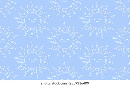 Seamless pattern of thin lineart of bright smiling suns with simple cartoon-like rays. Soft and cheerful atmosphere, playful design. Vibrant, whimsical, joyful and uplifting children motifs.