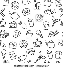 Seamless pattern with thin lines icons related to food, cooking and kitchen equipment