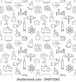 Seamless pattern of thin lines icons on medicine and health. Vector illustration.