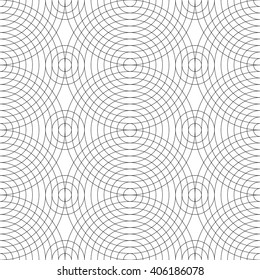 Seamless pattern of thin lines of large black concentric circles on a white background.