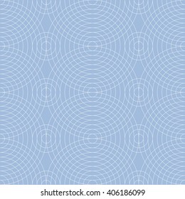 Seamless pattern of thin lines of large white concentric circles on a trendy color heavenly light airy blue background.