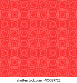 Seamless pattern of thin lines of white concentric circles on a bright red background.